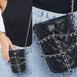 Steve Madden Black Quilted Chain Strap Crossbody Bucket Bag NWOT